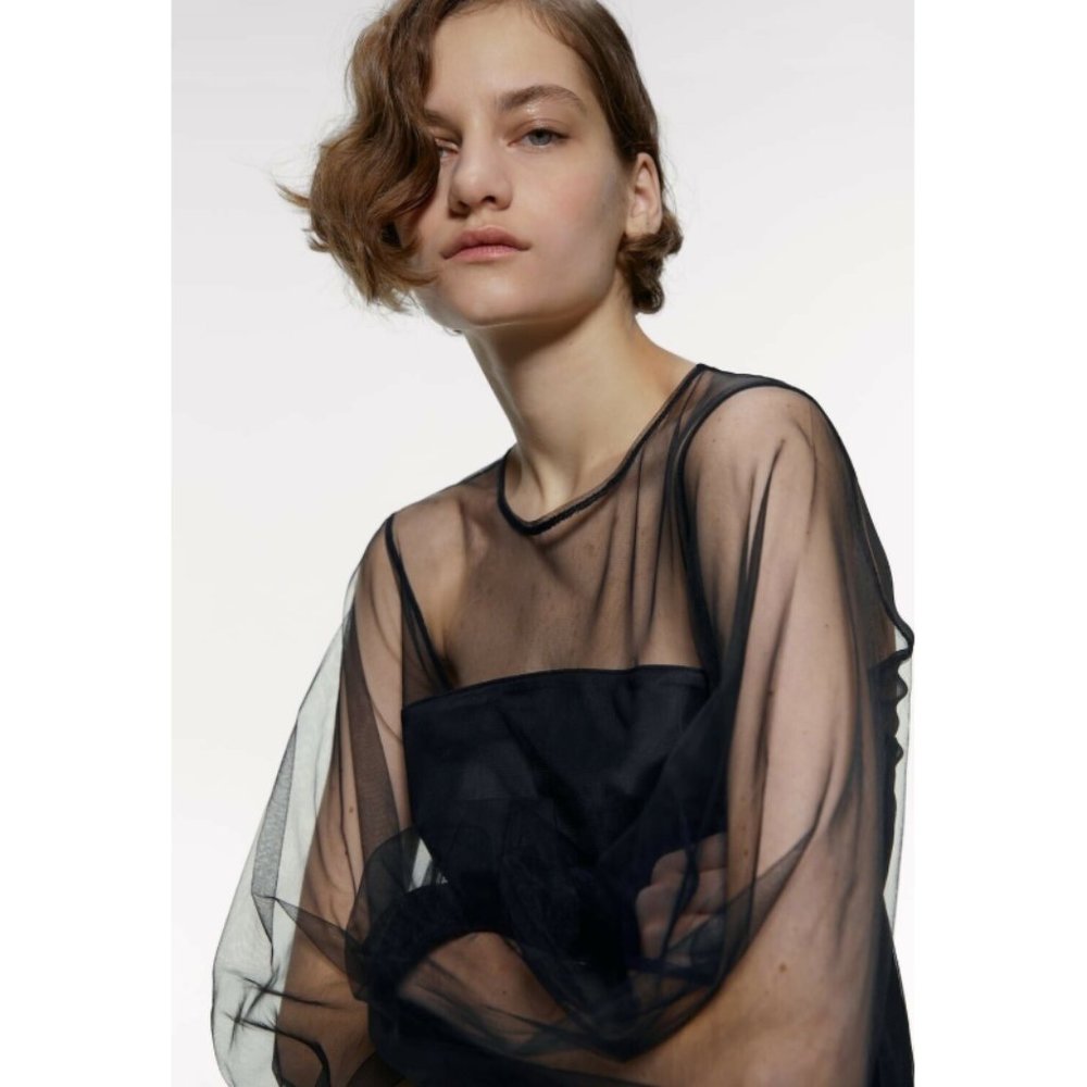 Zara Combined Tulle Blouse Semi-Sheer Long Sleeve - Picture 3 of 8